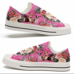 Chihuahua Low Top Sneakers pink floral canvas tie shoes US M/7 F/9 EU 40